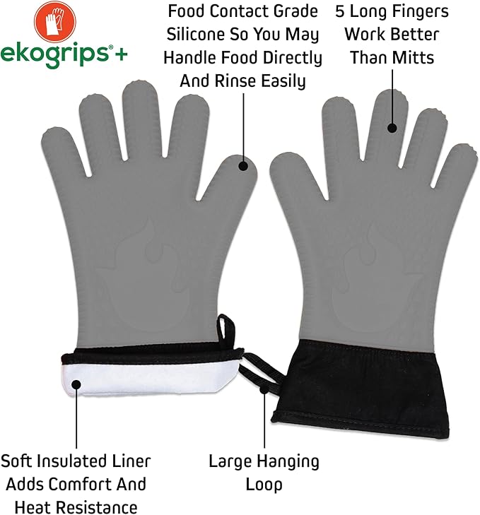 Ekogrips+ Premium Silicone Oven Mitts - Comfy, Waterproof, Heat Resistant BBQ Gloves for Grilling, Long Cuff for Added Protection, 5 Finger Dexterity, 3 Sizes, 4 Colors, S/M, Grey