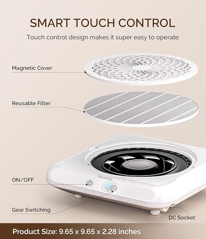 MelodySusie Nail Dust Collector,SproF Professional 4500 RPM Nail Vacuum Fan Vent Dust Collector with 3 Suction,Touch Control,Powerful Suction Nail Tech Tools Manicure Accessories for Nail Salon,Home