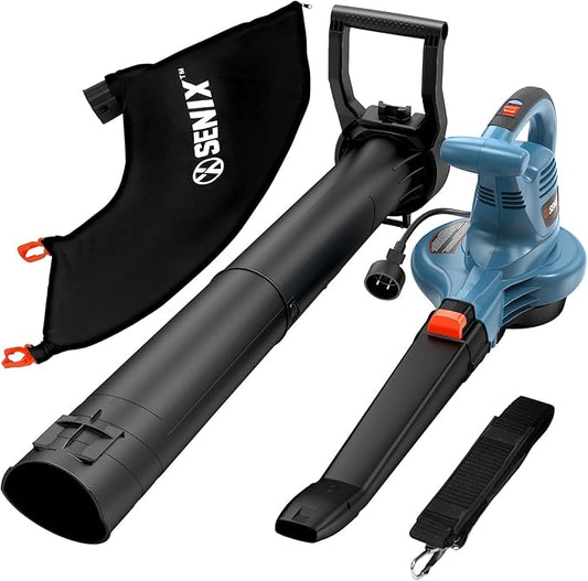 SENIX 12 AMP Leaf Blower, 3-in-1 Handheld Electric Leaf Blower, Vacuum, and Mulcher, 420 CFM, 179 MPH Airflow,Corded Blowers with Reusable Collection Bag (BLVE12-M)