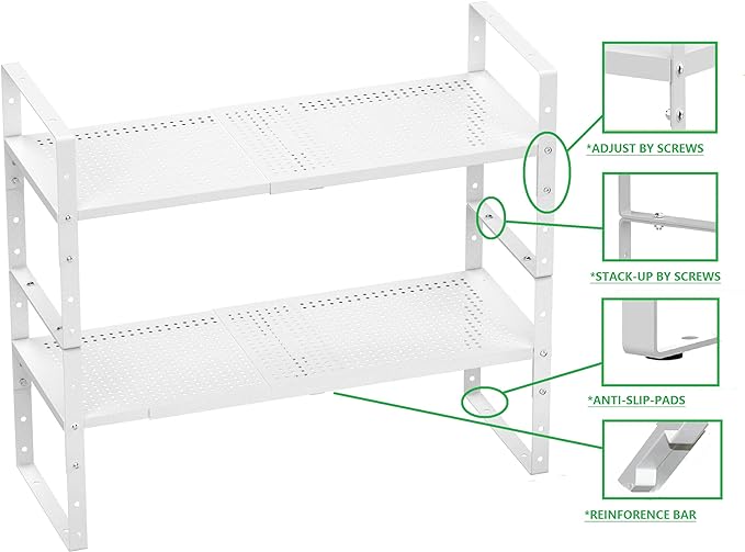 Expandable Spice Rack, Stackable Metal Pantry Storage Shelves Stand, Adjustable Height Cabinet Shelf Organizer Racks(1PACK/WHITE,MEDIUM)