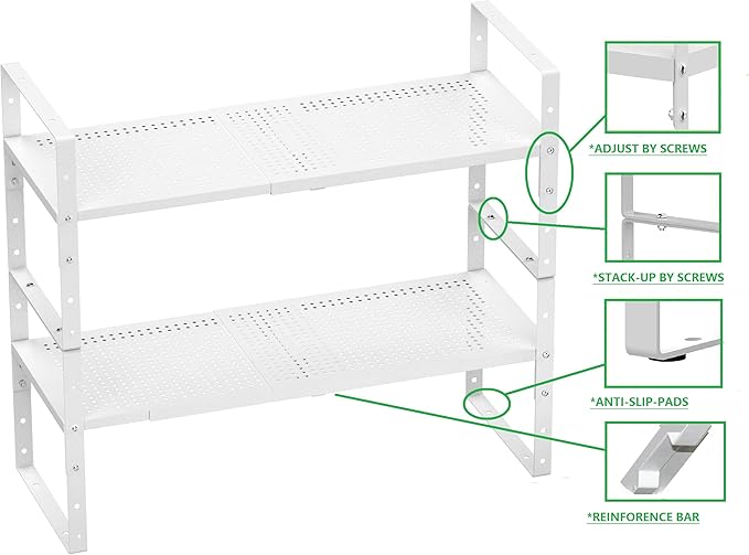Expandable Spice Rack, Stackable Metal Pantry Storage Shelves Stand, Adjustable Height Cabinet Shelf Organizer Racks(2PACKS/WHITE,MEDIUM)