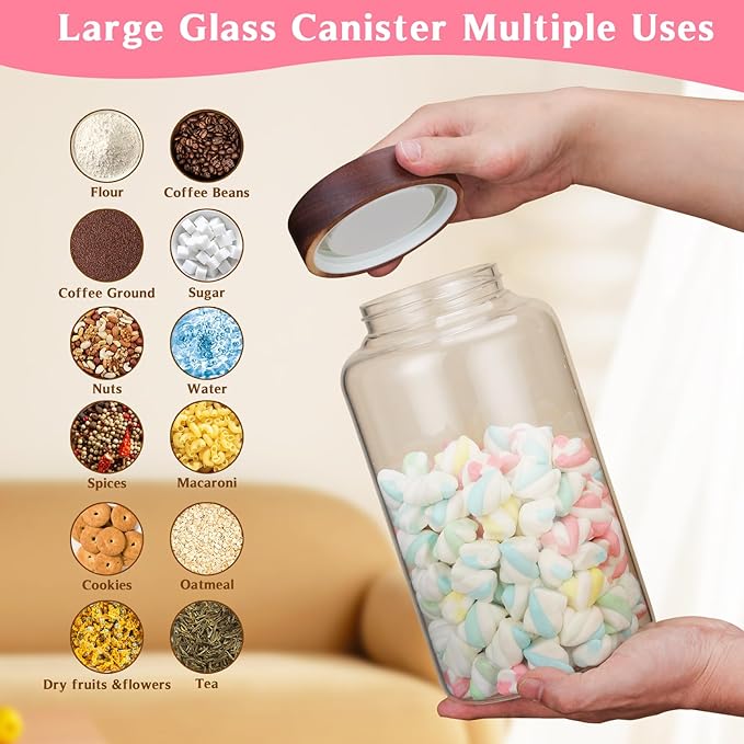 Large Glass Coffee Jars with Spoon,Round Storage Canister with Wooden Lid Clear Glass Food Jar for Pantry Sugar Tea Coffee Bean Spice Nuts Cookies Bath Salts (2300ml/77oz)