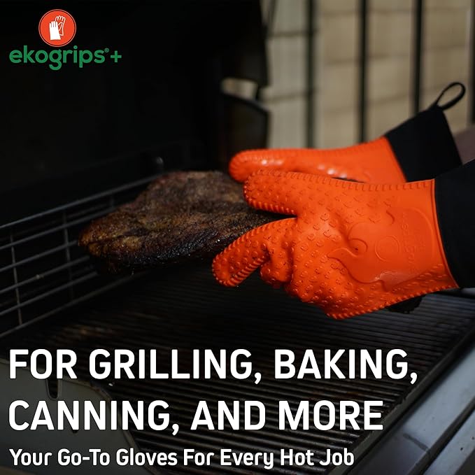 Ekogrips+ Premium Silicone Oven Mitts - Comfy, Waterproof, Heat Resistant BBQ Gloves for Grilling, Long Cuff for Added Protection, 5 Finger Dexterity, 3 Sizes, 4 Colors, S/M, Grey