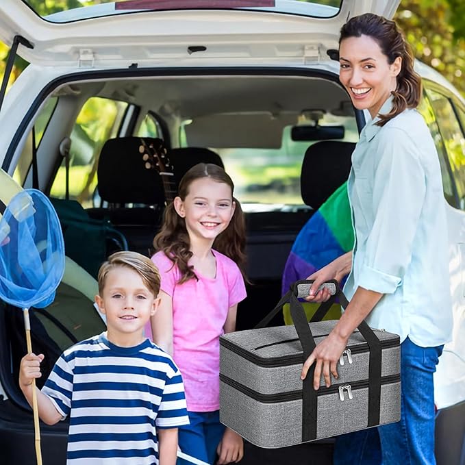 Double Insulated Casserole Carrier, Portable Casserole Carrier for Hot or Cold Food Lunch Tote Warmer or Cooler Bag, Lasagna Lunch Bag for Potluck Parties- Fits 9" x 13" Baking Dish-Grey