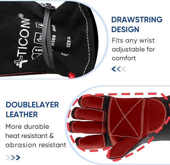 TICONN Welding Gloves, 1000°F Heat-Resistant Fireproof Leather Gloves for Welders, Stick, Forge, Mig, Tig, BBQ, Baking, Oven