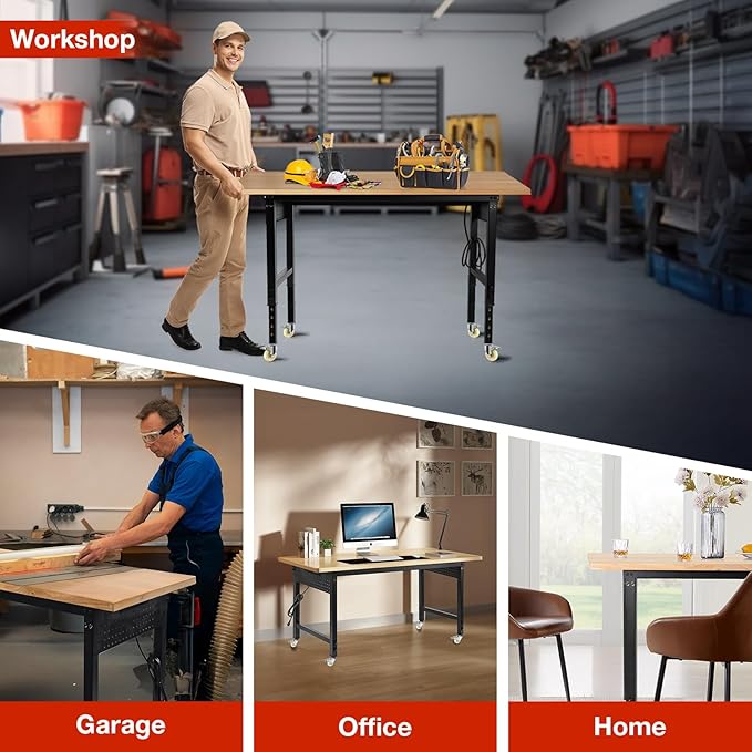 Height Adjustable Workbench with Wheels 60”×22” Heavy Duty Work Table 2000 LBS Capacity Rolling Work Table Rubber Wood Work Station with Power Outlet & Pegboard for Garage, Office, Workshop