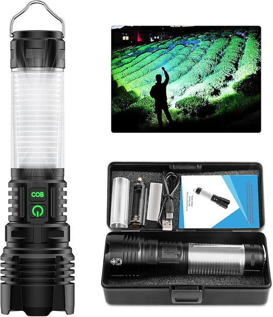 Flashlights High Lumens Rechargeable- Super Bright Tactical LED Flashlight,Powerful USB C Flash Light with 360°COB Light, Long Beam 3280Ft,7 Modes,Waterproof Handheld Flashlight for Emergency