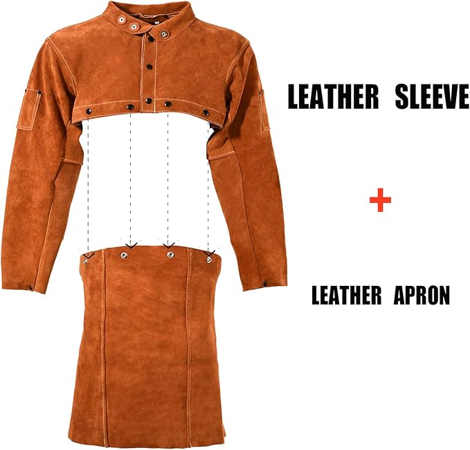 LeaSeek Leather Welding Jacket - Heavy Duty Welding Apron with Sleeve,Heat Flame Resistant Cowhide Weld Coat for Men Women.