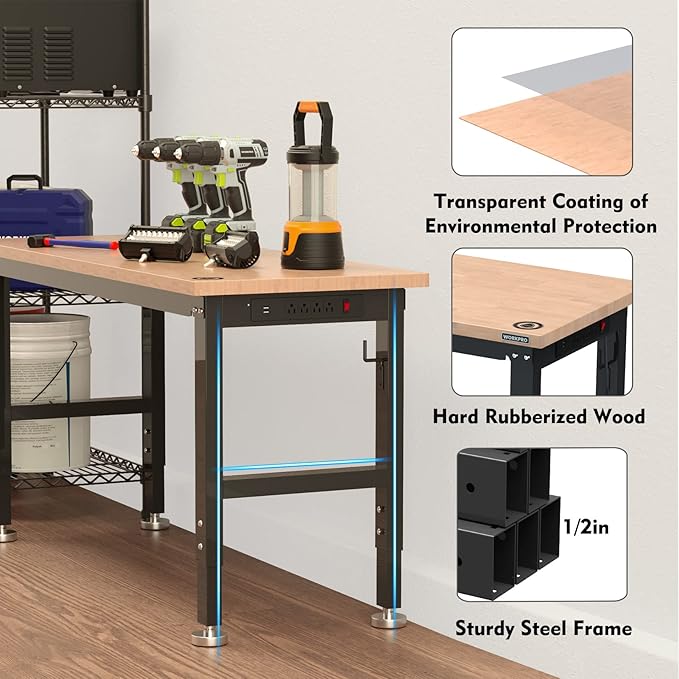 WORKPRO 60" Adjustable Workbench, Rubber Wood Top Heavy-Duty Workstation, 2000 LBS Load Capacity Hardwood Worktable with Power Outlets, for Workshop, Garage, Pack of 2