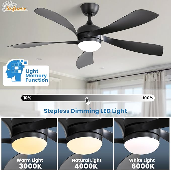 Sofucor 52" Smart Ceiling Fan, Indoor/Outdoor Black Ceiling Fans with Lights and Remote, Works with Alexa/Google/App, 3-Color Light 6-Speed Timing Reversible DC Motor for Bedroom Living Room Patio