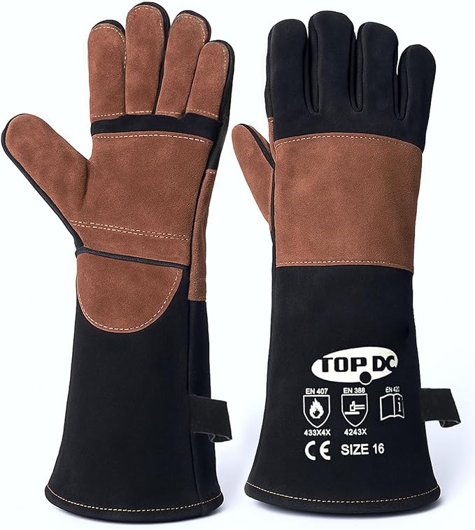 TOPDC Welding Gloves 16Inch 1000℉Heat/Fire Resistant Reinforced Leather Fireproof Gloves with Kevlar Stitching for Mig, Tig, Stick, Forge, BBQ, Grill, Oven, Fireplace, Furnace, Animal Handling, LARGE