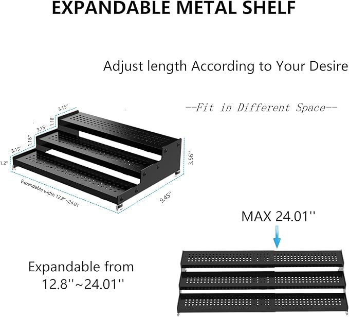 Expandable Spice Rack organizer with 3-Tier step shelf,Modern Design heavy duty,Non Skid and Visibility ,Great for Kitchen Cabinet,Bathroom,dressing table,Cupboard, Pantry and more(3PACKS/BLACK)