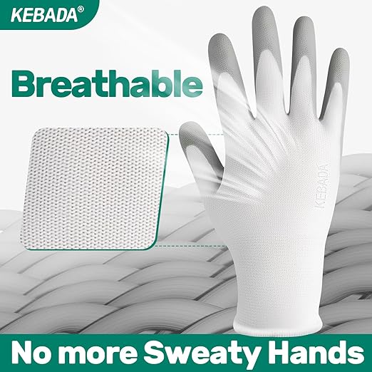 Kebada W1 Work Gloves for Men and Women, 12 Pairs Touchscreen Safety Gloves with Grip, PU-Coated, Ideal for Light & Medium Duty Tasks, White, X-Large