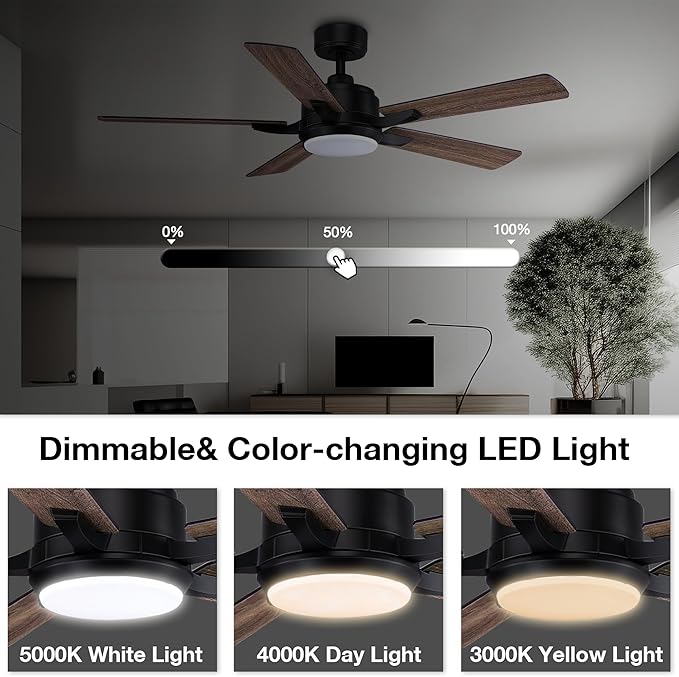 52” Smart Ceiling Fans with Lights Remote,Quiet DC Motor,Outdoor Indoor Modern Ceiling Fan,Voice Control via WIFI Alexa App,6-speed,Dimmable Ceiling Fan for Bedroom Patio,Black& Walnut Brown