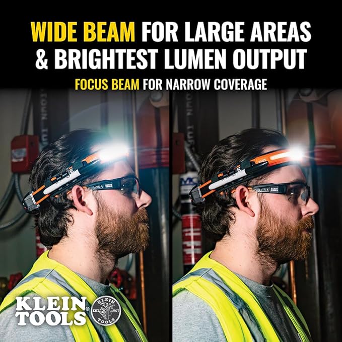 Klein Tools 56308 Rechargeable Headlamp with Strap, 575 Lumens, Wide-Beam LED, All-On or Direct Focus Modes, for Work and Outdoors