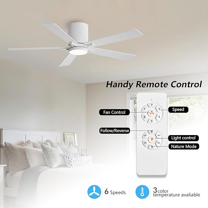WINGBO 52" DC Flush Mount Ceiling Fan with Lights, 6-Speed Reversible DC Motor, 3CCT, Low Profile Hugger Ceiling Fan for Living Room Bedroom Kitchen, White Finish and White/Oak Blades