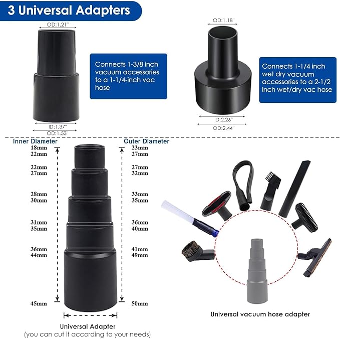 11 PCS Universal 1 1/4 Inch Vacuum Attachments Kit for Shop Vac Accessories with Vacuum Brush Attachments, Flexible Crevice Tool, Hose Adapters for 2 1/2" to 1 1/4" and 1 7/8" to 1" Hoses