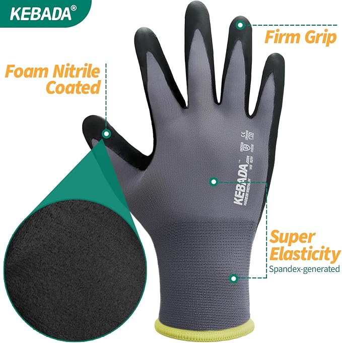 Kebada Work Gloves for Men and Women, Foam Nitrile Coated Safety Gloves with Grip, Ideal for Warehouse Package Handling, Gardening, Mechanic and Construction, XS