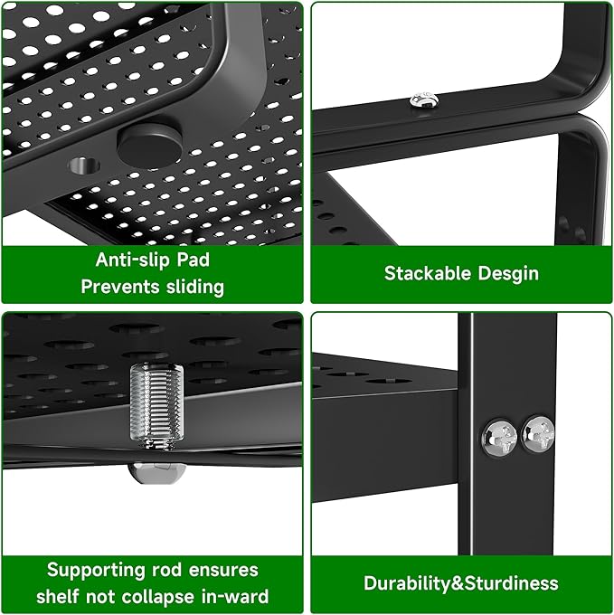 Expandable Kitchen Cabinet Shelf Organizer Rack Heavy Duty Metal Spice Rack Stackable Kitchen Counter Storage Shelf for Kitchen Cabinet Pantry Bathroom (Black - 16.5"-27" L x 10.2" W x 9.6" H - 1Pack)