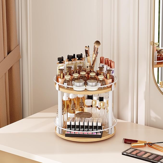 Lazy Susan Organizer, Rotating Spice Rack, 2 Tier Spice Turntable Organizer, Industrial Turntable Spice Holder, for Kitchen Countertop, Compact and Versatile, White and Natural SR22WN