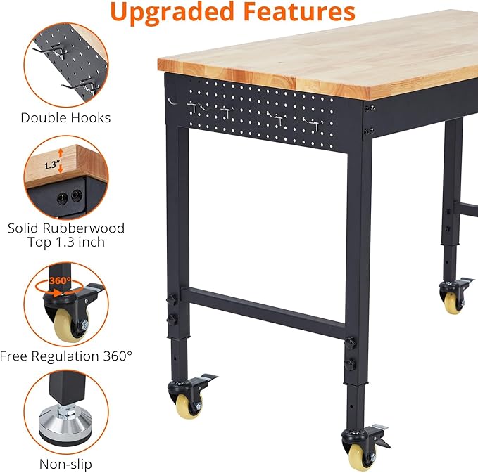Work Bench 48" Adjustable Height, Heavy-Duty Portable Workbench with Power Outlets for Garage & Workshop, 2000 LBS Load Capacity, Work Table for Office, Home, Easy Assembly