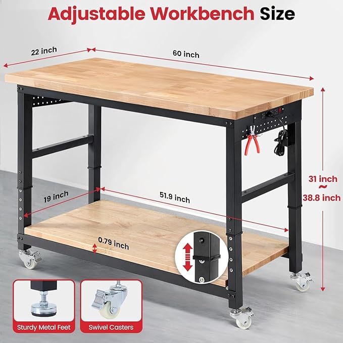 Workbench with Wheels 60 x 22 Heavy Duty Rubberwood Tabletop Work Bench Adjustable Height Garage Work Table with Under Table Shelf, Sided Pegboard, Power Outlets for Home Office