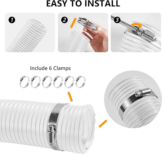 2 1/2" x 20' Clear Dust Collection Hose, PVC Puncture Resistant Fume Collection Hose with 6 Pieces Stainless Steel Clamps, 2.5 Inch Dust Collector for Woods Debris
