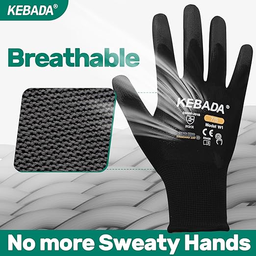 Kebada W1 Work Gloves for Men and Women, PU Coated Safety Gloves with Grip, Touchscreen, Ideal for Warehouse Package Handling, Construction, Gardening, Black Small
