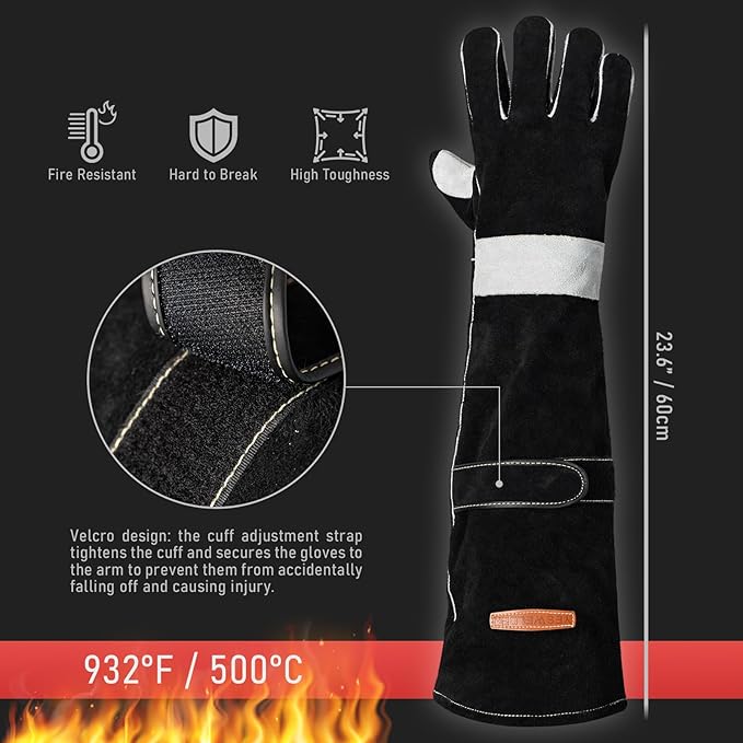 YESWELDER 23.6 Inches 932℉,Leather Forge MIG Welding Gloves, with Kevlar Stitching Heat/Fire Resistant, Palm Reinforcements, Forge,Grill, Fireplace Black-Gray