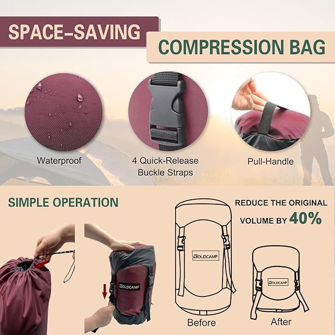 GoldCamp compression stuff sack for Ultralight sleeping bag, space saving gear with dust flap,18L/30L/43L/49L/65L Compression Stuff Sack, Waterproof, Camping, Travel, Outdoor, Backpacking (Red, XXXL)