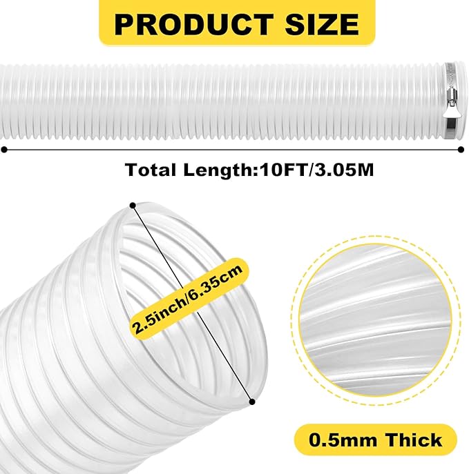 2-1/2"x10'Dust Collection Hose,2 1/2 Inch Dust Collection Tube with 304 Stainless Steel Hose Clamps,PVC 2.5 Collector Flexible Tube- Puncture Resistant