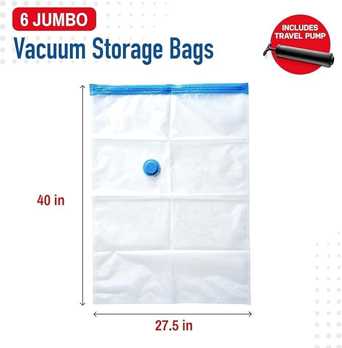 6 Pack Jumbo Vacuum Storage Bags for Comforters, Blankets & Clothes – Jumbo Vacuum Sealed Compression Bags with Hand Pump – Space Saver Storage Bags for Bedding, Moving, Travel & Organization