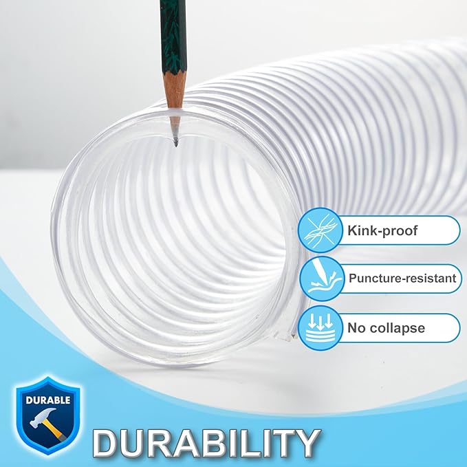 2 1/2 x 10’ Heavy Duty PVC Clear Flexible Dust & Fume Collection Hose with Carbon Steel Wire Coil, Puncture Resistant Hoses for Collectors