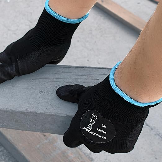 Kebada Safety Work Gloves, 12 Pairs Work Gloves with Grip, PU Coated Grip Gloves for Warehouse, Construction, Gardening and Mechanics, Black, Small