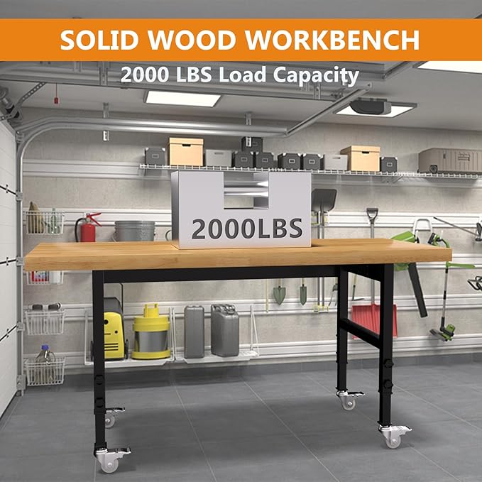 60" Adjustable Height Workbench with Wheels, Heavy-Duty Solid Wood Work Table with Power Outlets, 2000 LBS Capacity Workstation for Garage, Workshop(60" X 24")