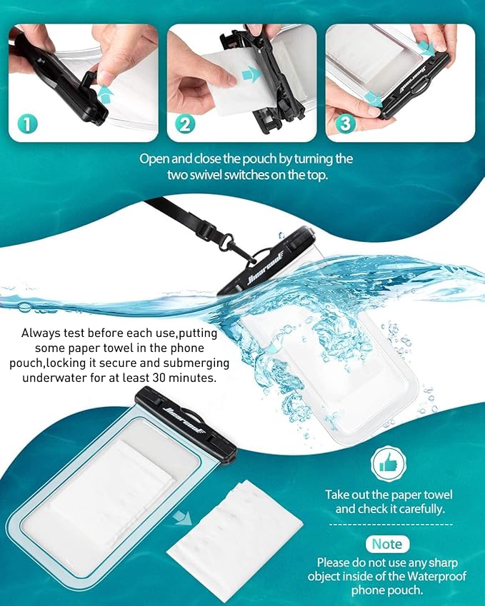 Hiearcool Universal Waterproof Phone Pouch,IPX8 Cell Phone Waterproof Case Up to 8.3" for iPhone 16 15 14 13 Pro Max,Beach Essentials Vacation Must Haves-Clear&Bright Red-2Pack