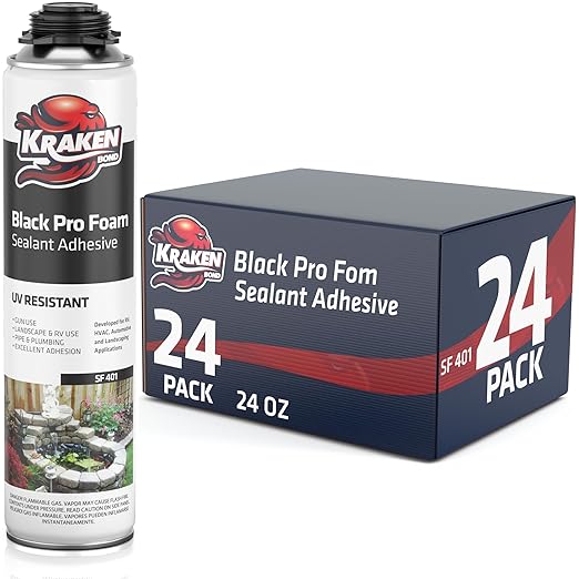 Kraken Bond Black Spray Waterfall Foam Sealant - (24x24oz) Expanding Polyurethane Pond Foam Sealer Black, UV Resistant Insulating Spray for Landscape & Exterior, Gun Use, Gun Not Included, 24 Pack