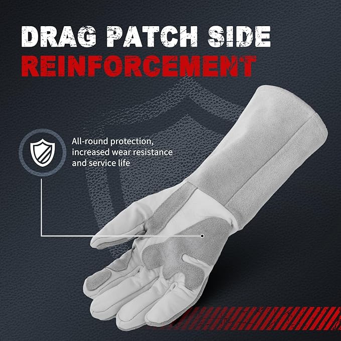 TOPDC Premium Goatskin Leather Welding Gloves, Split Cowhide Back, TIG Welding Gloves with Reinforced Palm Thumb Index Finger (Grey-White, 14 Inch Large)