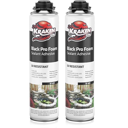 Kraken Bond Black Spray Waterfall Foam Sealant - (2x24oz) Expanding Polyurethane Pond Foam Sealer Black, UV Resistant Insulating Spray for Landscape & Exterior, Gun Use, Gun Not Included, 2 Pack