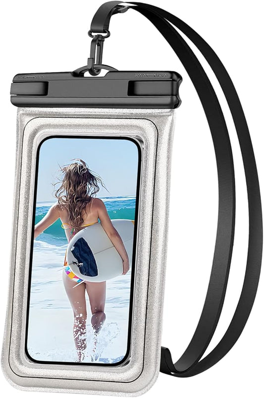 Floating Waterproof Phone Pouch, IPX68 Waterproof Phone Case with Lanyard for iPhone 16 15 14 13 Pro Max Samsung S25 S24 S23 S22, Up to 7", Beach Vacation Essentials, Glitter Silver