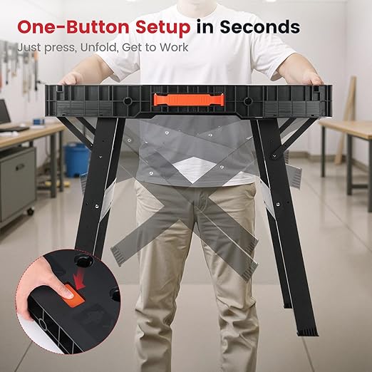 Express Folding Work Table Easy Setup Portable Workbench with 1000lbs Load Capacity Lightweight Versatile Workstation with 2 Clamps, 2 Clamp Dogs, Power Strip for Garage Workshop Home