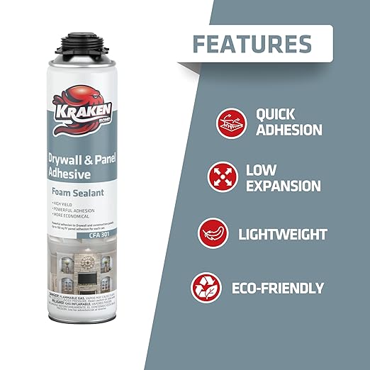 KRAKEN BOND Drywall & Panel Adhesive Foam - (12x24oz) Heavy-Duty, Fast-Curing Construction Adhesive for Concrete, Wood, and Heat Insulation Applications - 12 Pack