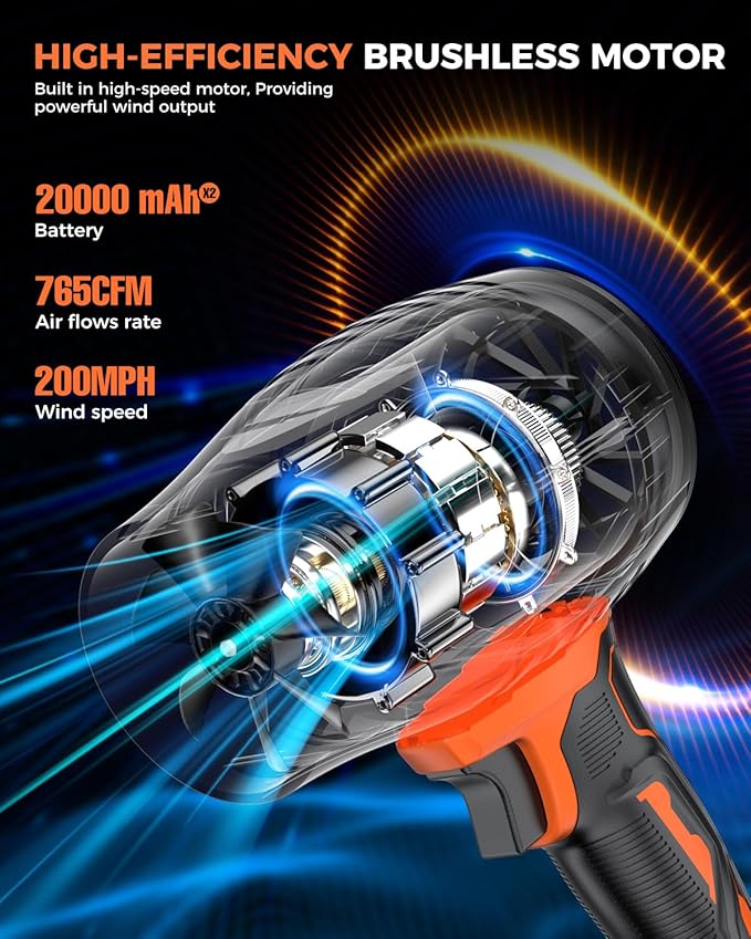 Leaf Blower Cordless with Battery and Charger,500,000 RPM,Extended Nozzle,Lightweight Handheld Design,Blower for Patio Cleaning,car Blowing Water,Blowing Leaves and Dust（Citrus Orange）