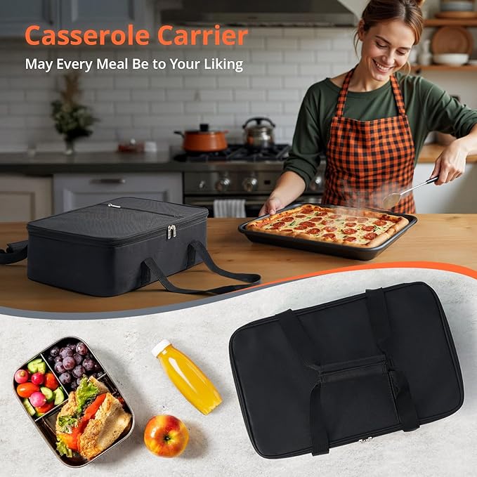 Insulated Casserole Carrier for Hot or Cold Food,Pie Carrier Bag Lunch Bag Tote for Potluck Parties/Picnic/Cookouts, Fits 9"x13" Baking Dish,Single Black