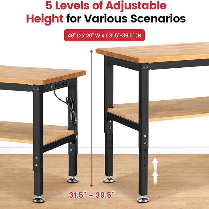 48 Inch Workbench for Garage Adjustable Height Work Bench with Under Table Shelf Pegboard Power Outlets Work Table for Woodworking, Home, Office, Workshop
