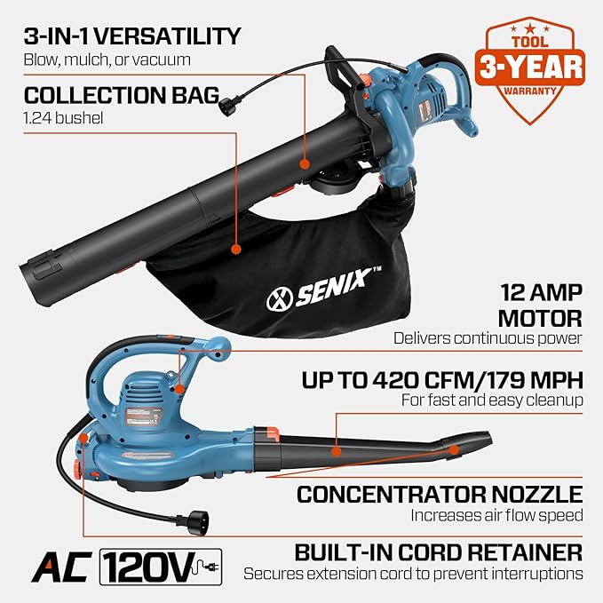 SENIX 12 AMP Leaf Blower, 3-in-1 Handheld Electric Leaf Blower, Vacuum, and Mulcher, 420 CFM, 179 MPH Airflow,Corded Blowers with Reusable Collection Bag (BLVE12-M)