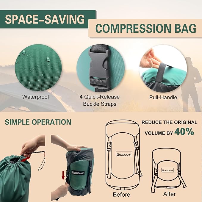 GoldCamp compression stuff sack for Ultralight sleeping bag, space saving gear with dust flap,18L/30L/43L/49L/65L Compression Stuff Sack, Waterproof, Camping, Travel, Outdoor, Backpacking(Green, M)