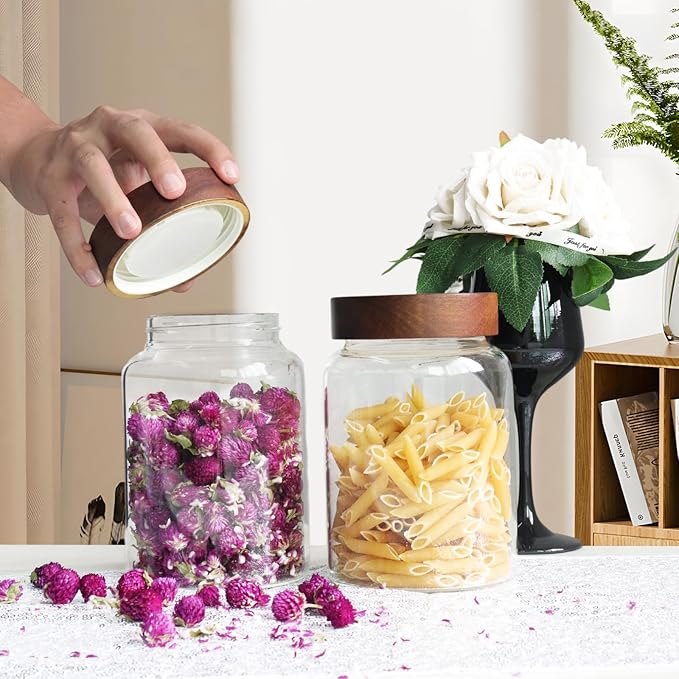 Glass Coffee Jars Spice Jar Round Storage Canister with Wooden Lid Clear Glass Food Jar for Pantry Sugar Tea Coffee Bean Spice Nuts Cookies Bath Salts (1200ml/40oz-2pack-A)