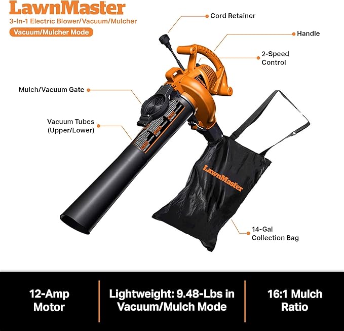 LawnMaster BV1210 Electric Blower Vacuum Mulcher 12 Amp 2-Speed Adjustment with Metal Impeller 240 MPH 380 CFM 16:1 Mulch Ratio with Collection Bag