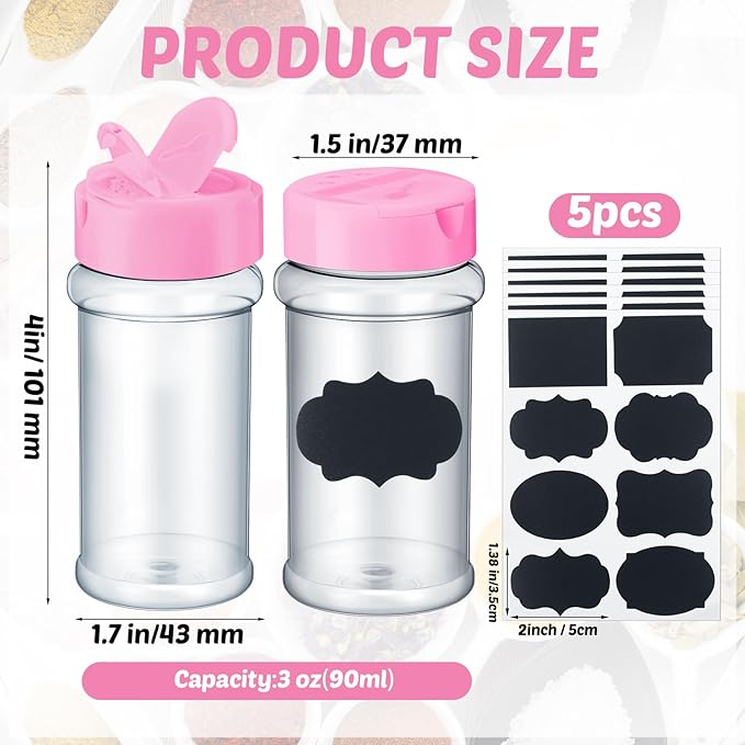 Eccliy 36 Pack 3 oz Clear Plastic Spice Jars with Label and Shaker Lids Empty Spice Bottles Seasoning Containers Seasoning Jars Shaker Condiment Pots for Pepper Herbs Powders (Pink)